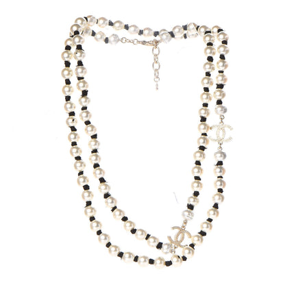 Chanel Pearl CC Long Necklace Gold Pearly White Black 3 of 8