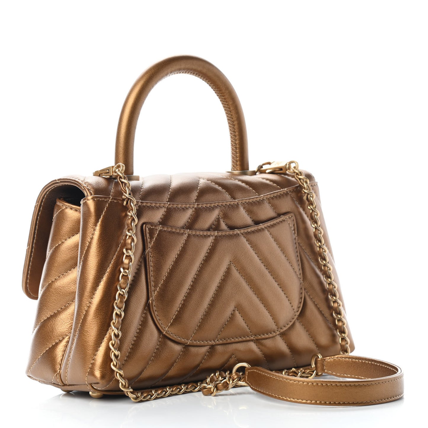 Metallic Calfskin Chevron Quilted Mini Coco Handle Flap Gold