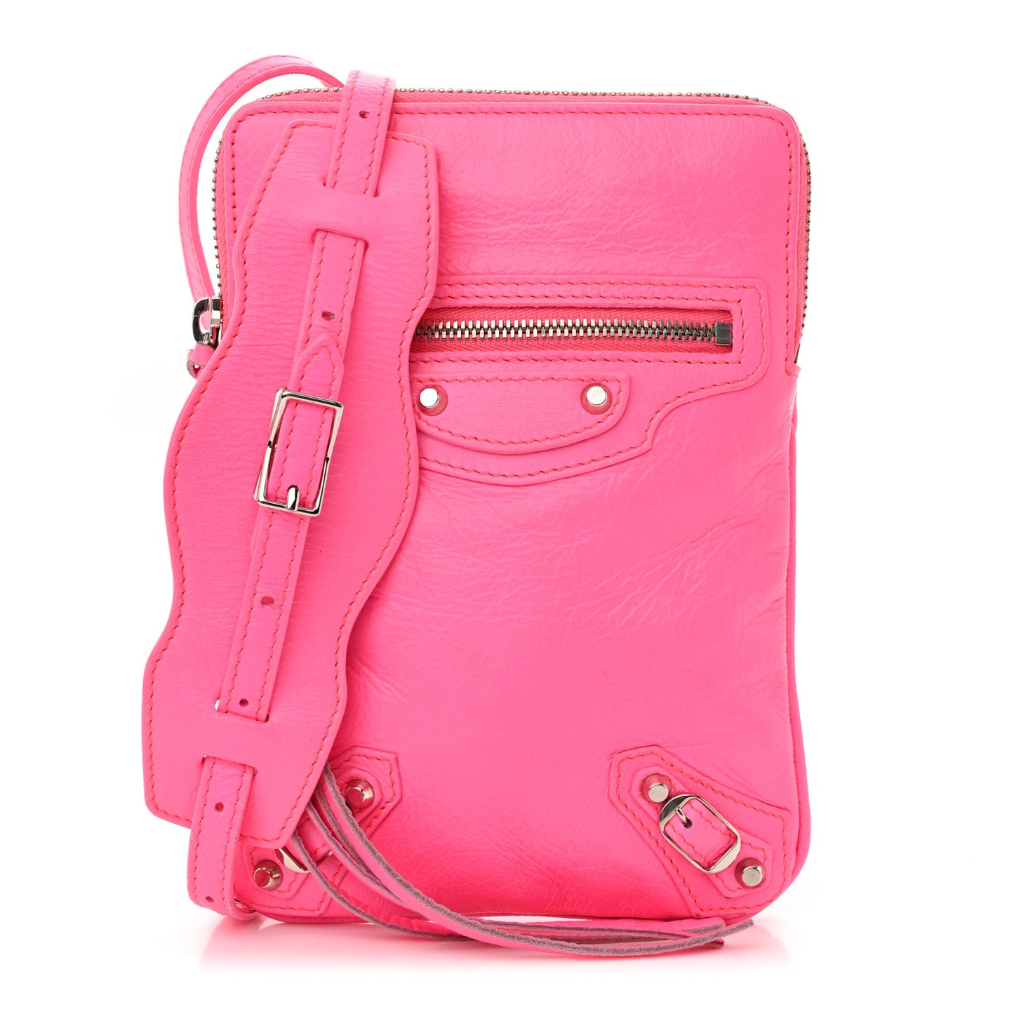 Agneau Silver Hardware Phone Holder Bag Rose Fluo