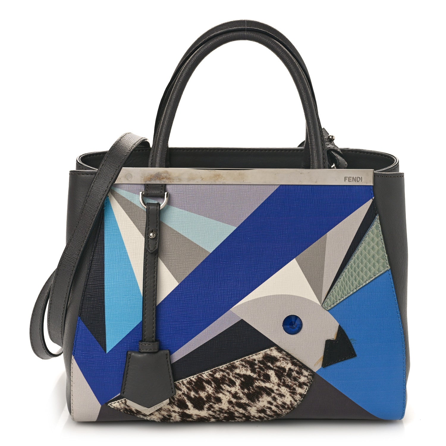 Fendi Vitello Elite Calf Hair Python QuTweet Patchwork Petite 2Jours Tote Blue 1 of 9