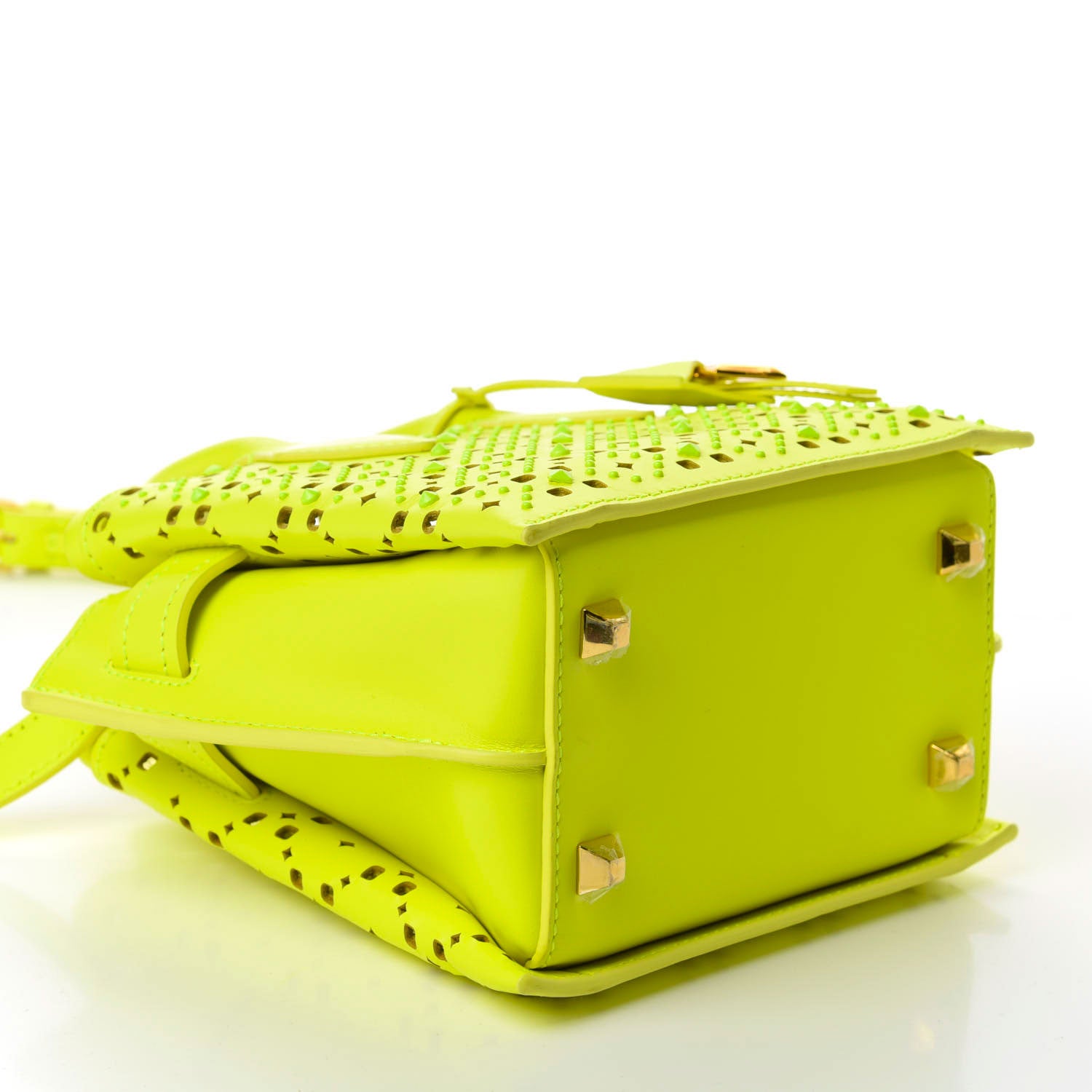 MCM Perforated Calfskin Studded Mini Milla Tote Neon Yellow 4 of 8