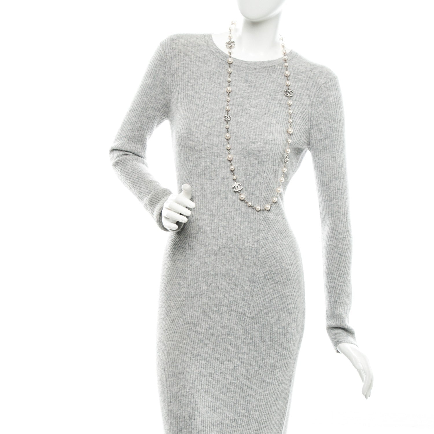 Chanel Crystal Pearl CC Long Necklace Silver 2 of 5