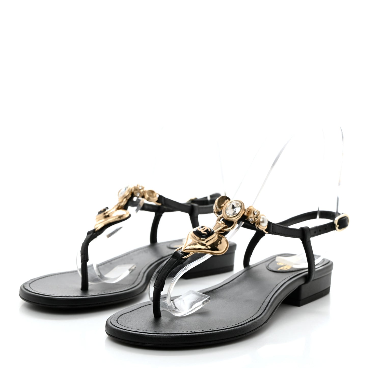 Lambskin Metal Heart Thong Sandals 36 Black