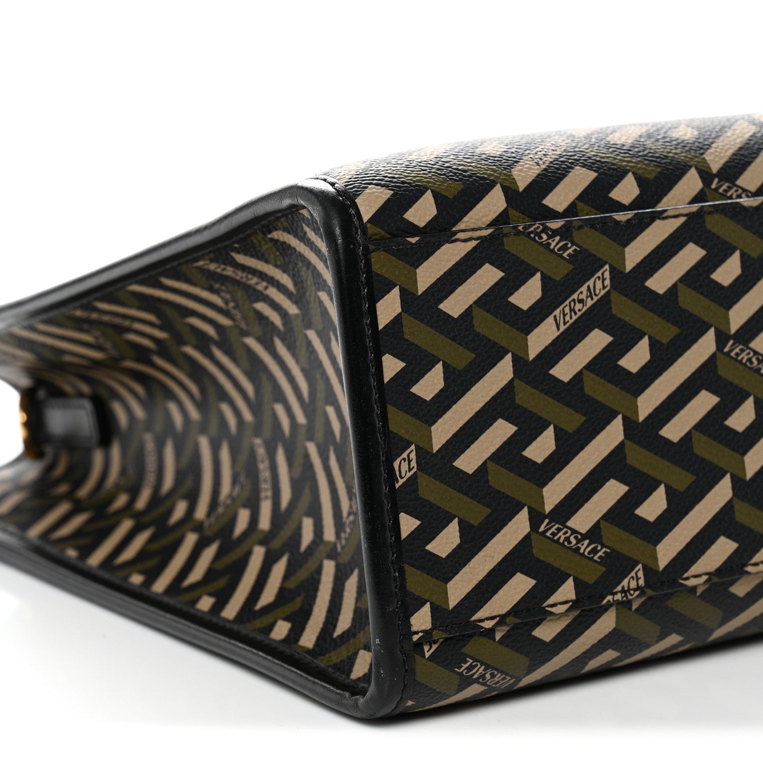 Versace Coated Canvas Calfskin La Greca Signature Tote Bag Black Khaki 8 of 14