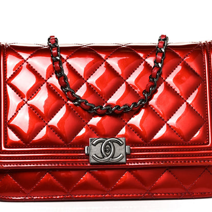 Chanel Metallic Patent Calfskin Quilted Boy Wallet On Chain WOC Red 8 of 10