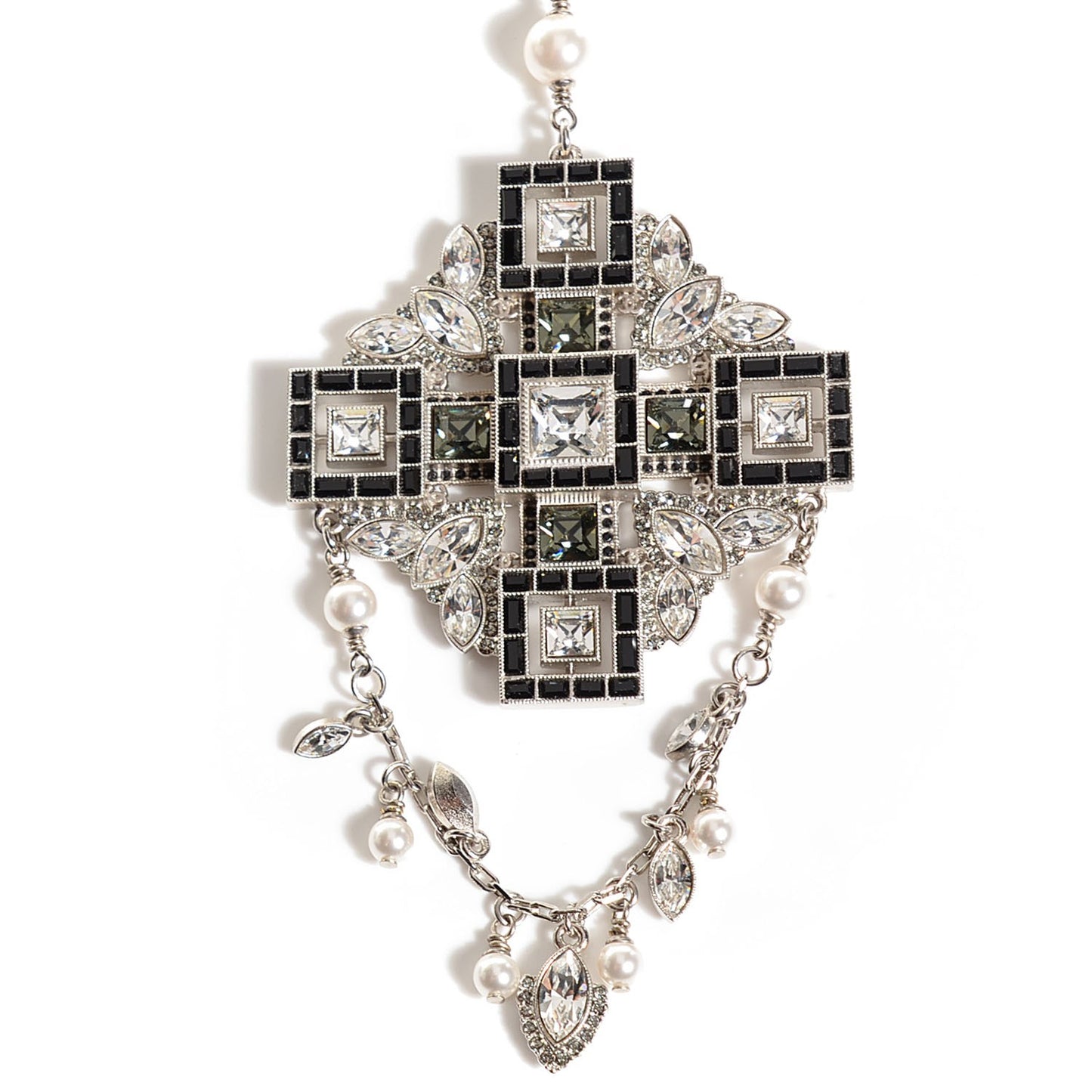 Crystal Baguette Pearl Maltese Cross Necklace Black Silver