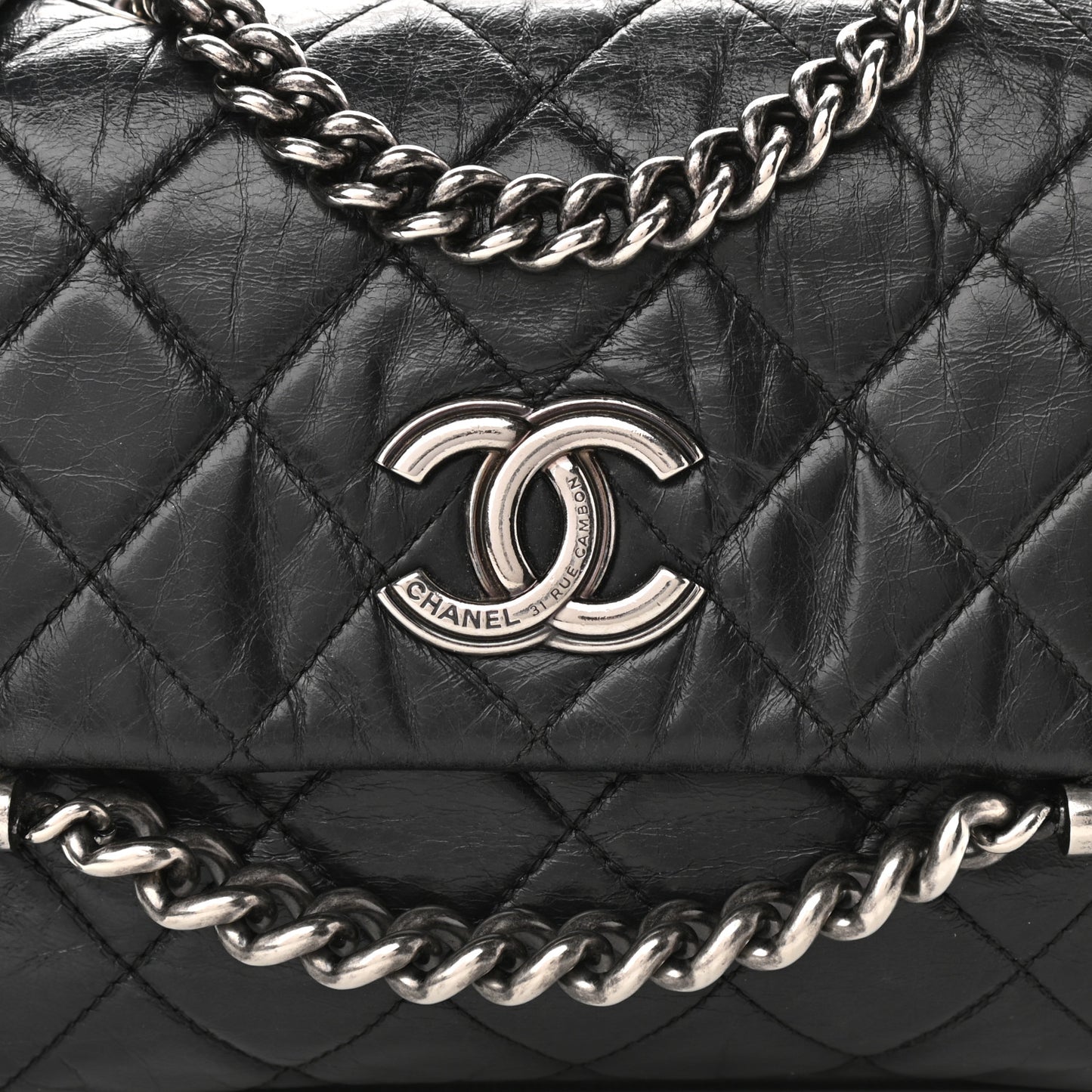 Glazed Calfskin Quilted Flap Black