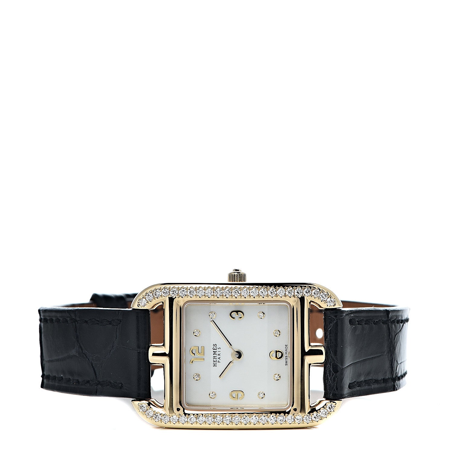 Hermes 18K Yellow Gold Alligator Diamond Bezel Mother of Pearl 23mm Cape Cod Quartz Watch Noir 3 of 9