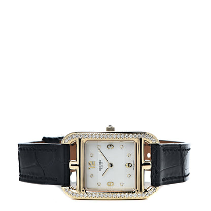 Hermes 18K Yellow Gold Alligator Diamond Bezel Mother of Pearl 23mm Cape Cod Quartz Watch Noir 3 of 9