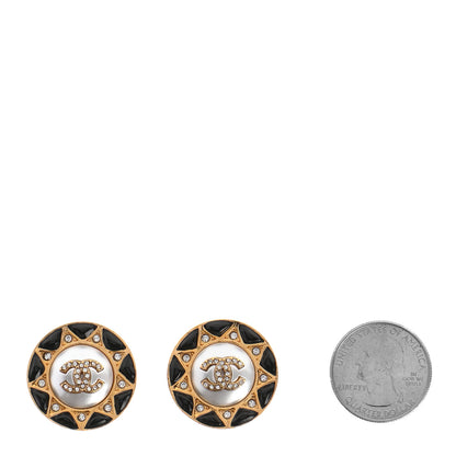 Chanel Pearl Crystal CC Round Clip On Earrings Gold Black 2 of 4