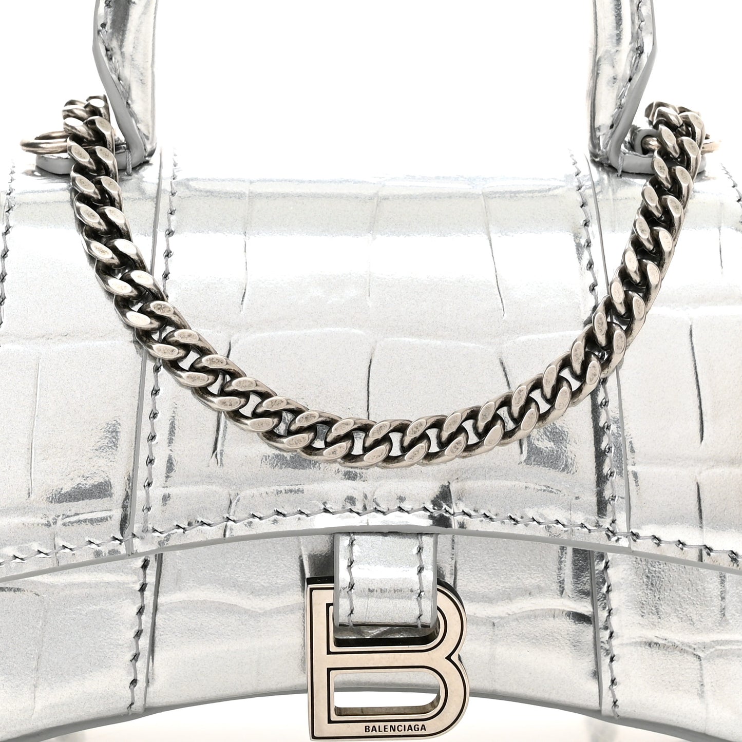 Metallic Calfskin Crocodile Embossed Hourglass Top Handle Bag Mini with Chain Silver