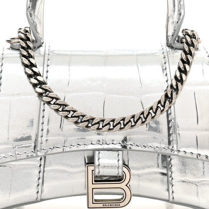 Balenciaga Metallic Calfskin Crocodile Embossed Hourglass Top Handle Bag Mini with Chain Silver 3 of 8