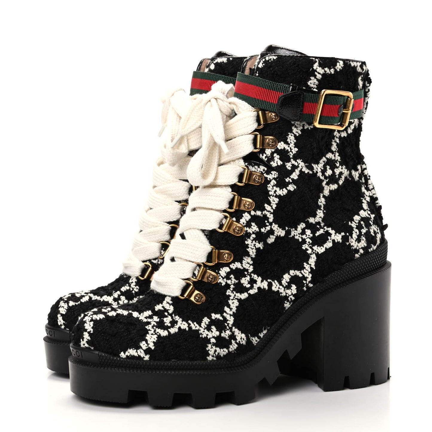 Tweed GG Monogram Lace Up Combat Ankle Boots 36.5 Black