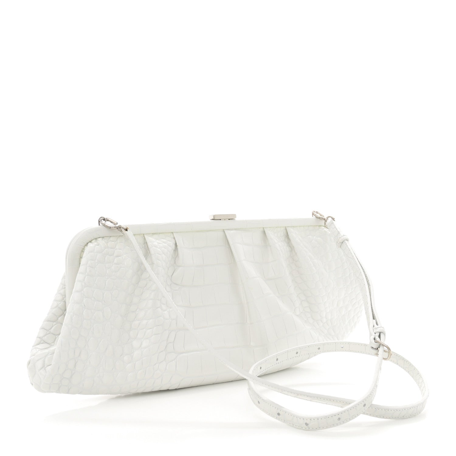 Balenciaga Shiny Supple Calfskin Logo Crocodile Embossed XL Cloud Clutch White 3 of 14