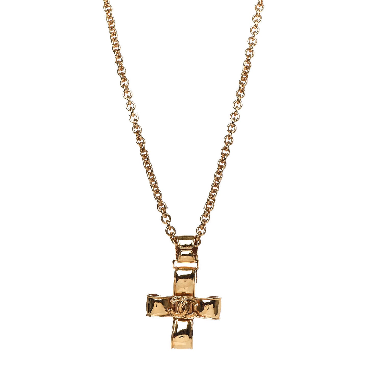 Long CC Cross Pendant Necklace Gold