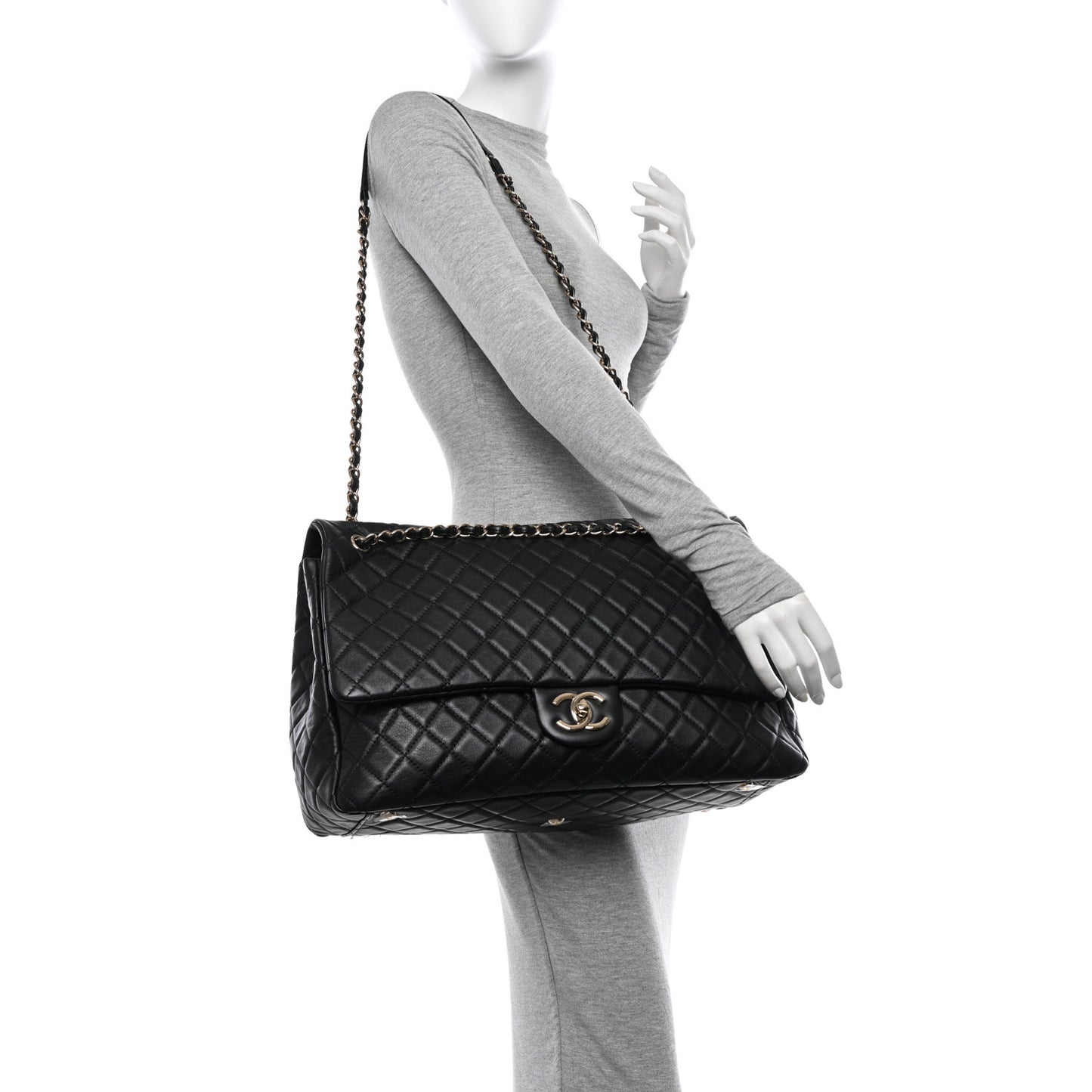 Calfskin Quilted XXL Travel Flap Bag Black