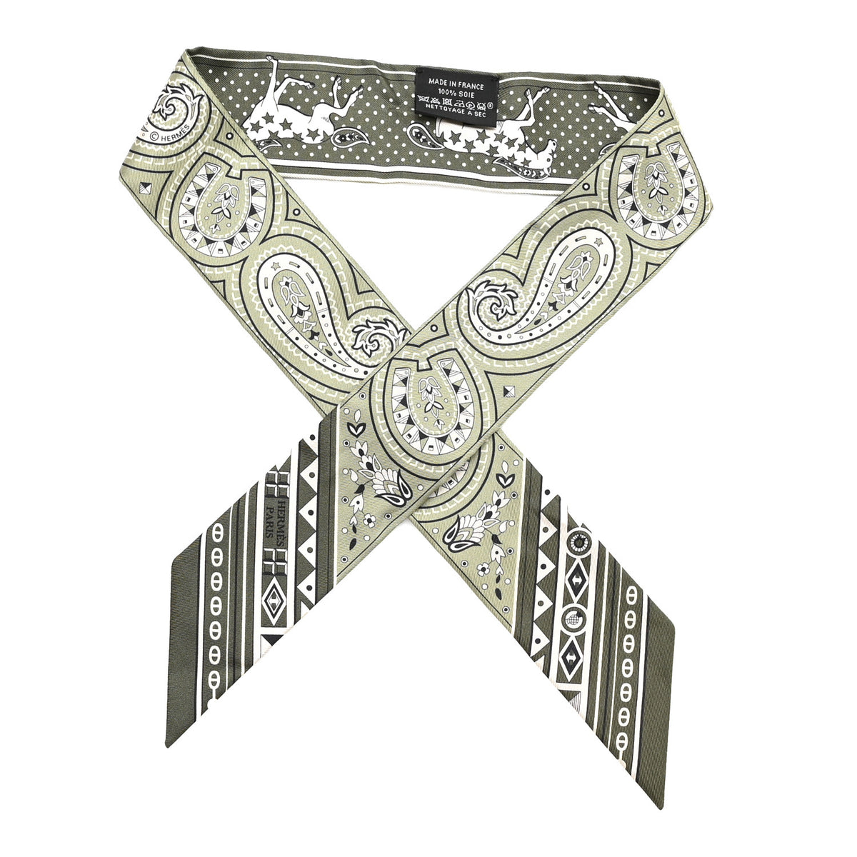 Silk Cheval De Coeur Bandana Twilly Loden Kaki Creme