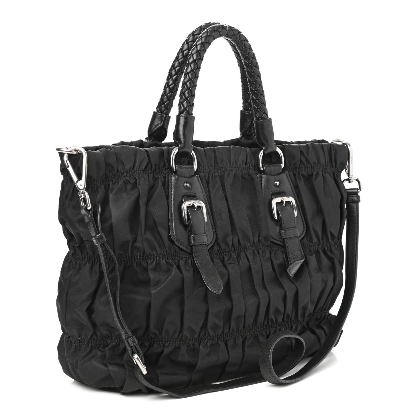Tessuto Nylon Nappa Braided Gaufre Shopping Satchel Black