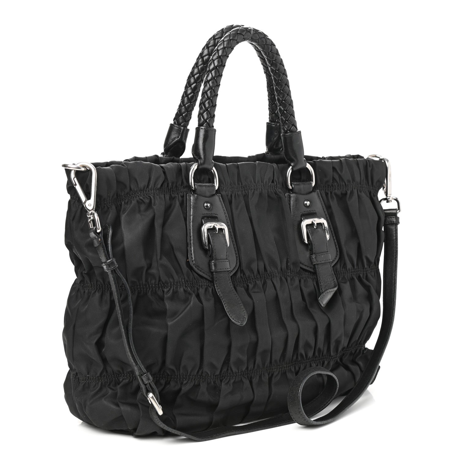 Prada Tessuto Nylon Nappa Braided Gaufre Shopping Satchel Black 2 of 12