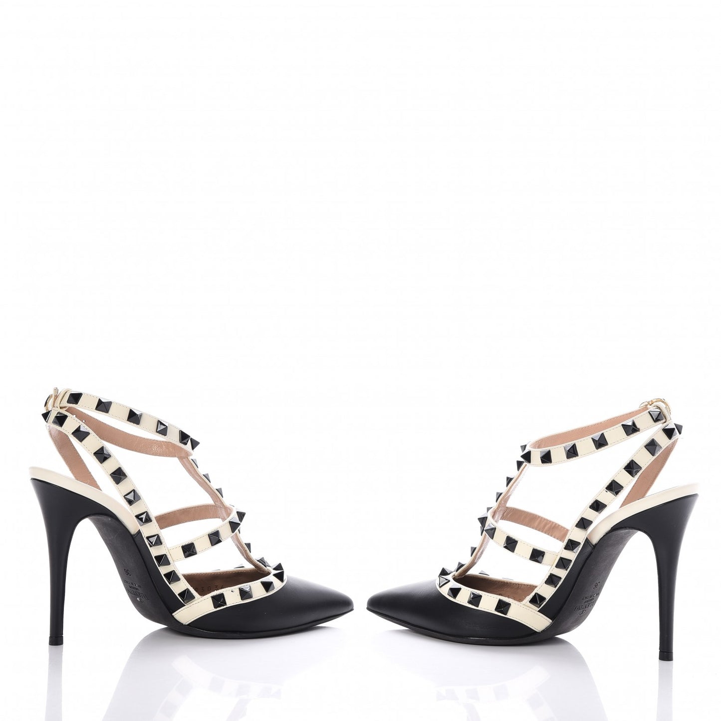 Calfskin Rockstud Ankle Strap Pumps 36 Black Ivory