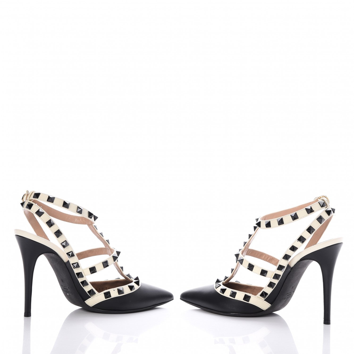 Valentino Garavani Calfskin Rockstud Ankle Strap Pumps 36 Black Ivory 5 of 11