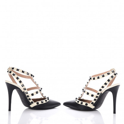 Valentino Garavani Calfskin Rockstud Ankle Strap Pumps 36 Black Ivory 5 of 11