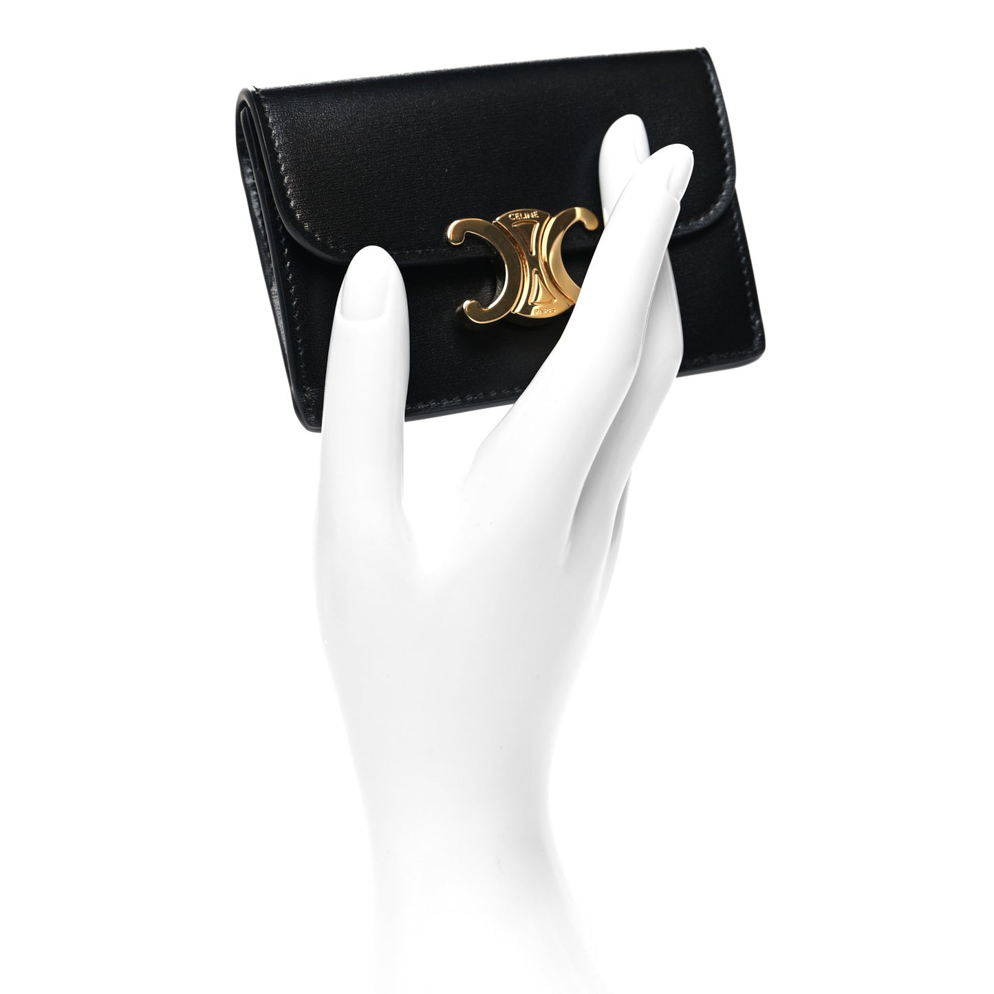 Shiny Calfskin Triomphe Flap Card Holder Black