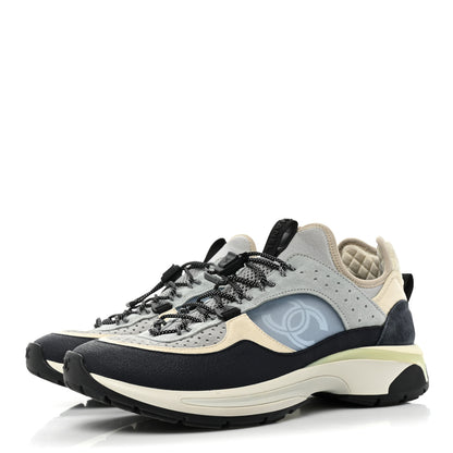 Chanel Fabric Suede Calfskin Mesh Womens CC Sneakers 40 Black Blue Ivory 3 of 13
