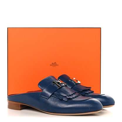 Hermes Goatskin Rivoli Mules 38.5 Bleu Maritime 10 of 10