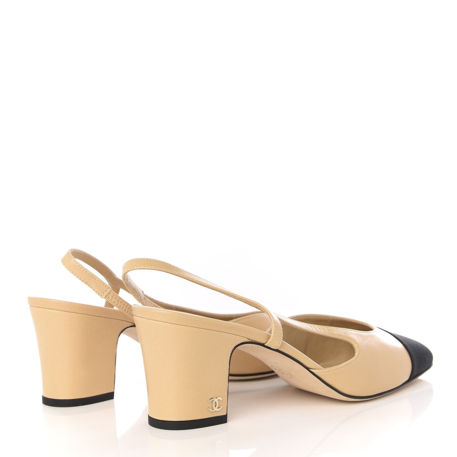 Chanel Goatskin Grosgrain Cap Toe CC Slingback Pumps 39.5 Beige Black 4 of 8