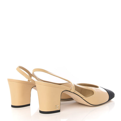 Chanel Goatskin Grosgrain Cap Toe CC Slingback Pumps 39.5 Beige Black 4 of 8