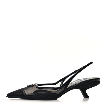 Prada Mesh Nappa Triangle Logo Pointed Toe 45mm Slingback Pumps 36.5 Black 1 of 11