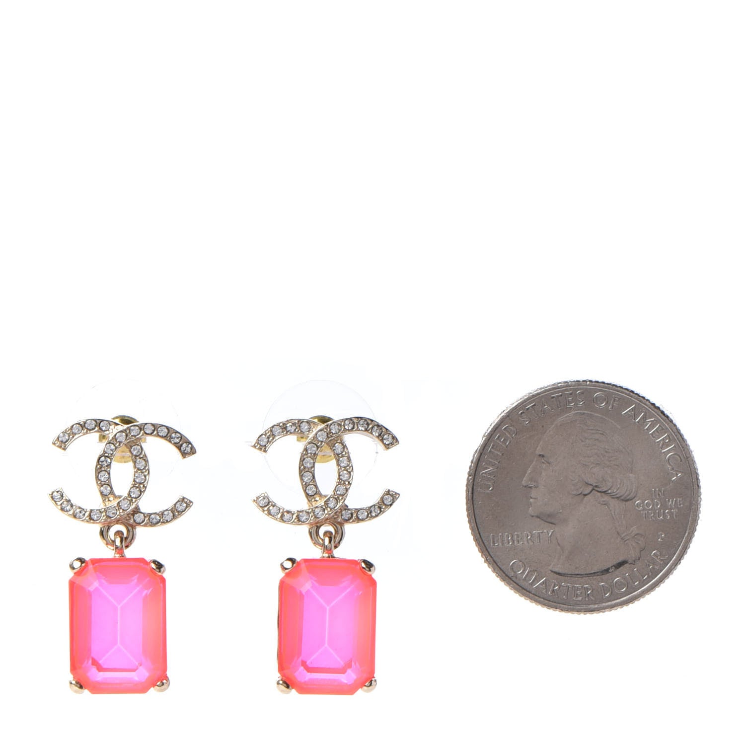 Chanel Metal Crystal CC Earrings Gold Pink 2 of 5