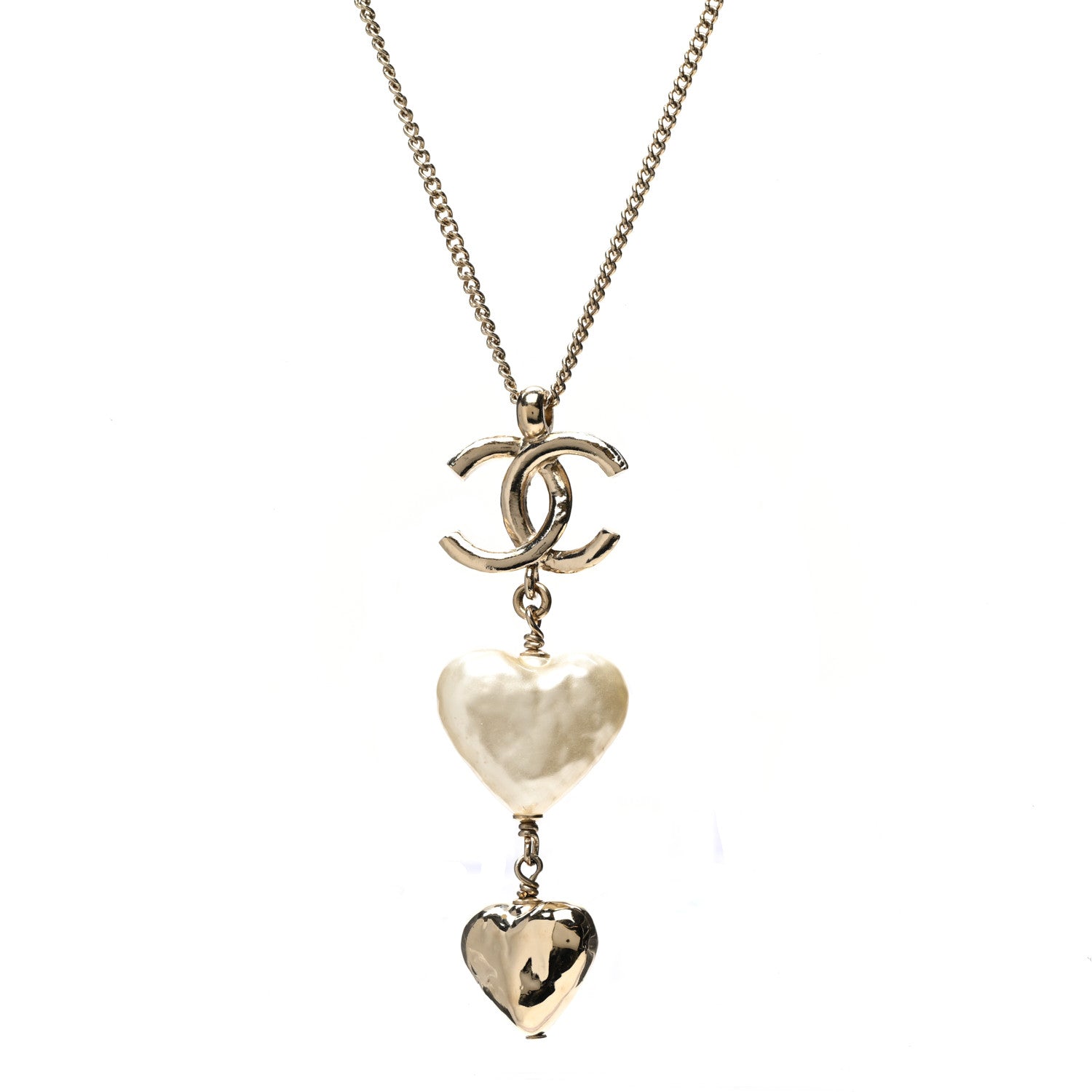 Chanel Pearl CC Double Heart Drop Necklace Pearly White Gold 1 of 5