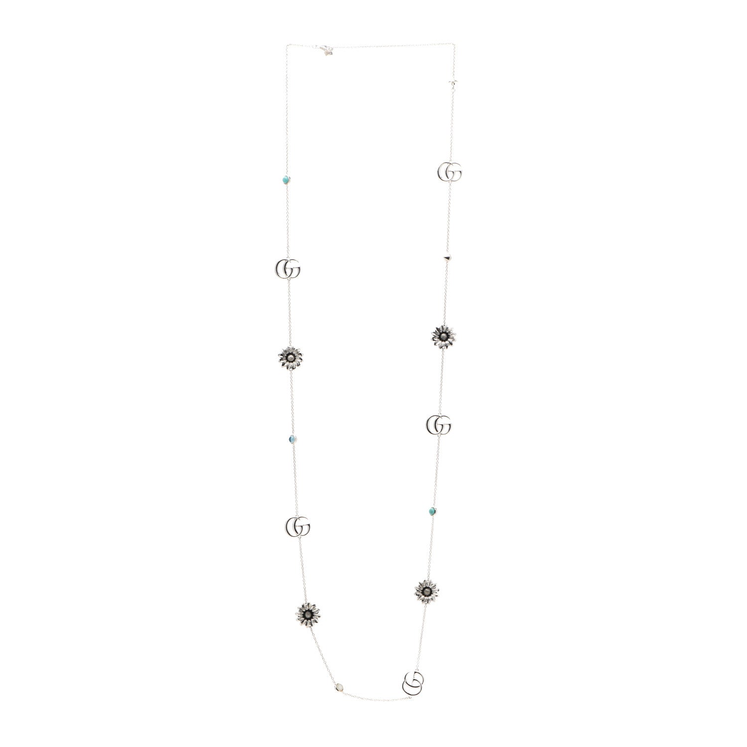 Gucci Sterling Silver Mother of Pearl Topaz GG Marmont Flower Station Necklace 3 of 5