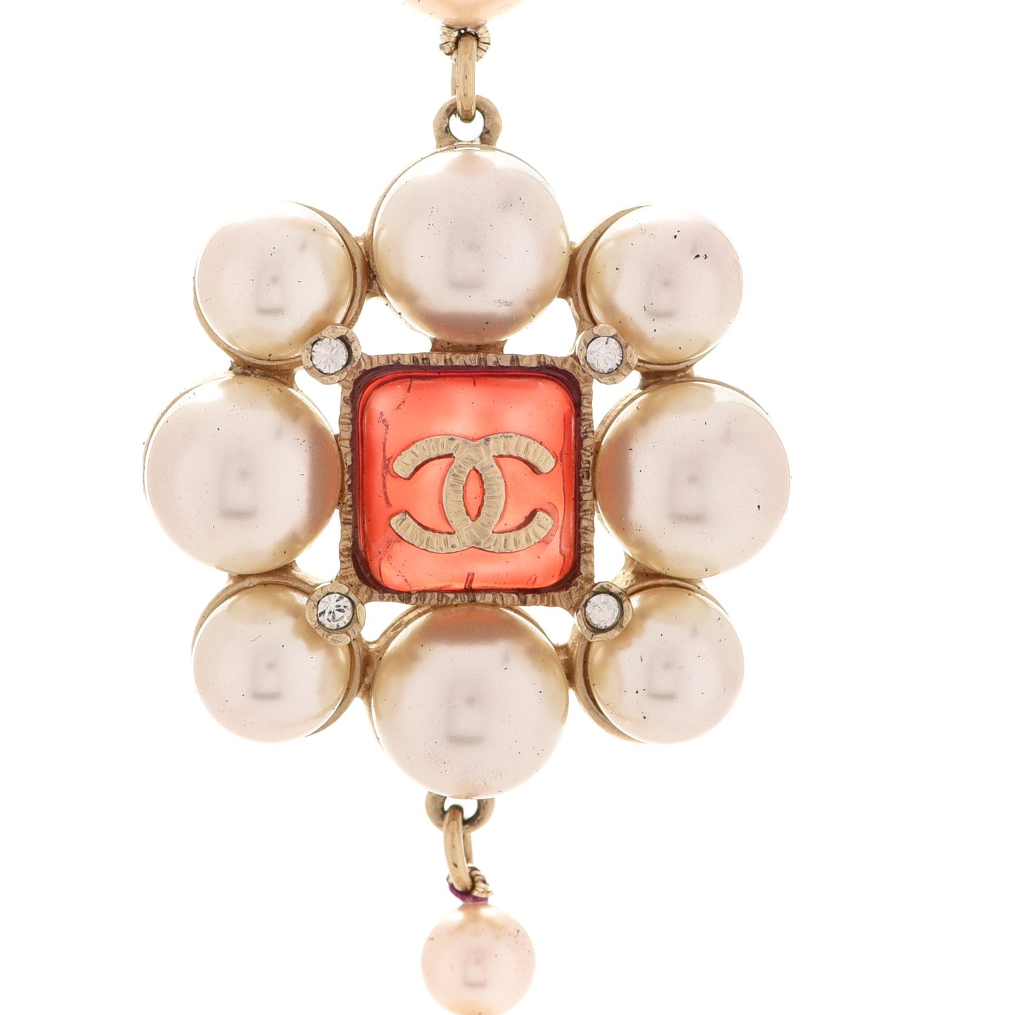 Pearl Crystal Gripoix CC Long Necklace Gold Pearly White Red