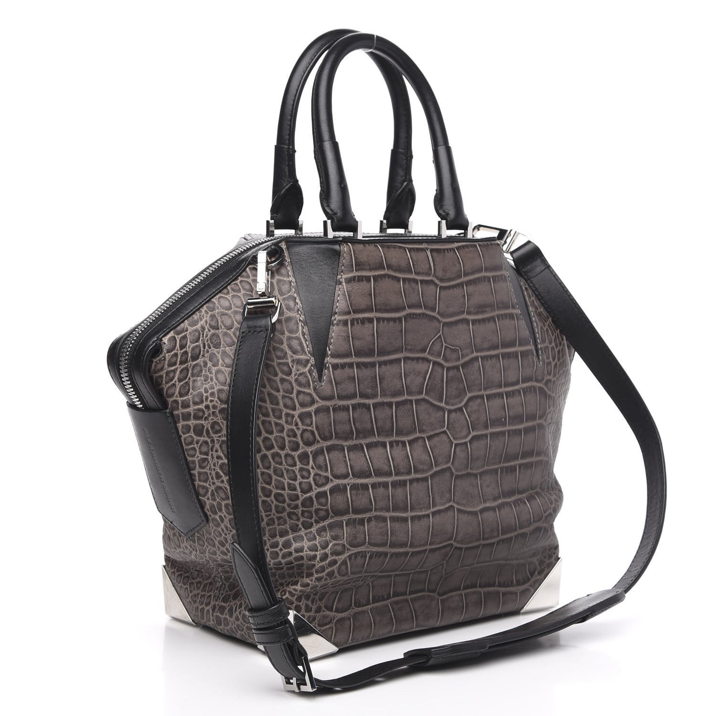 Crocodile Embossed Calfskin Small Emile Taupe Silver Hardware