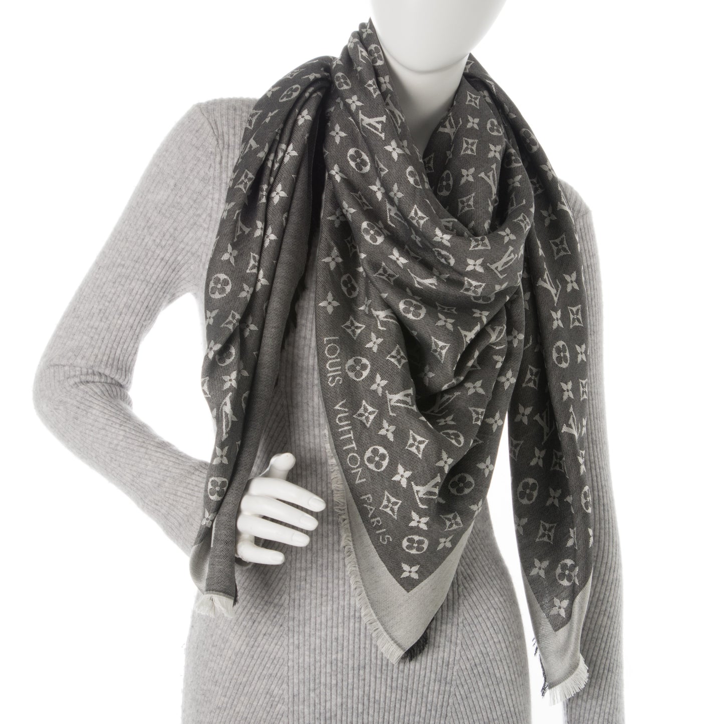 Wool Silk Monogram Denim Shawl Black