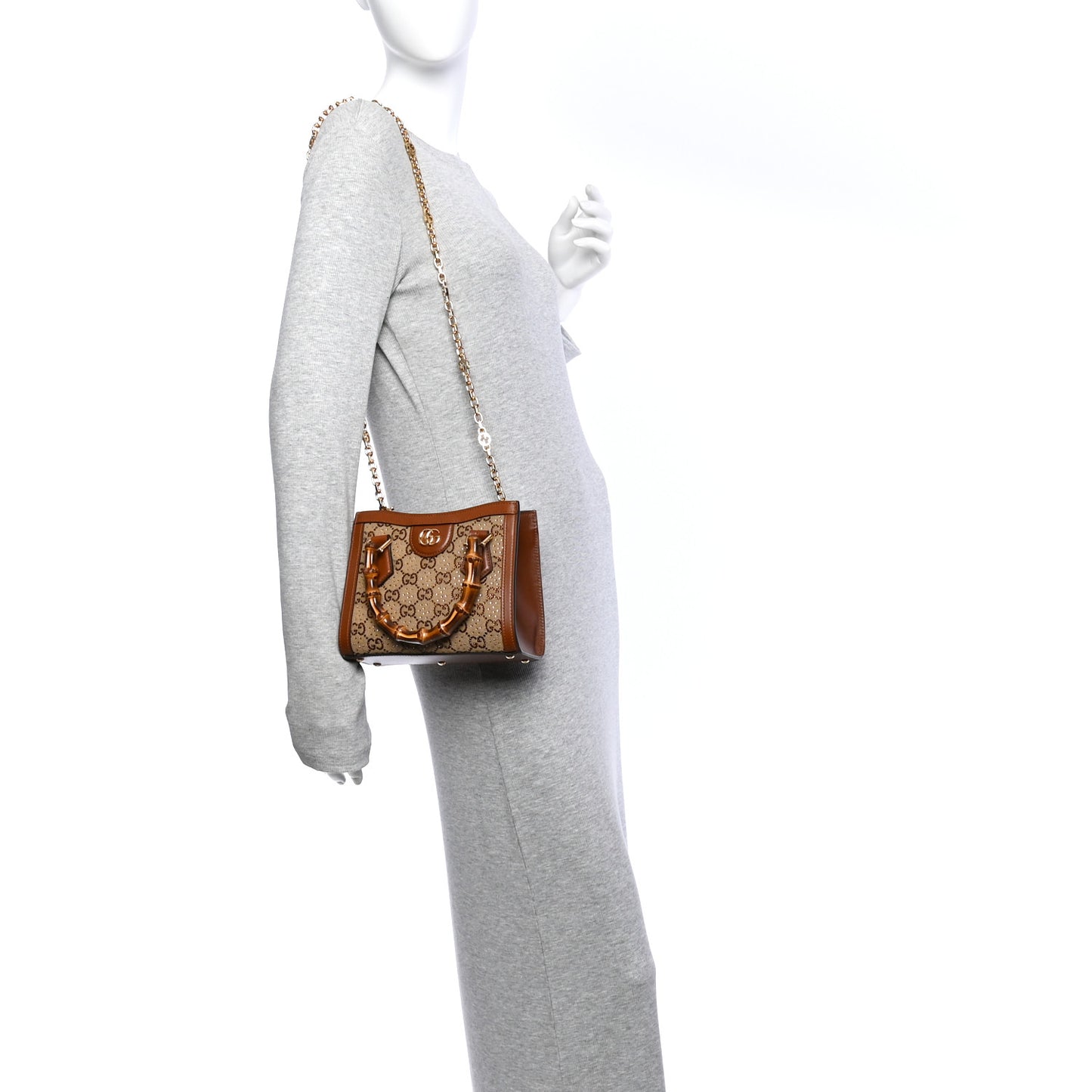 New Canvas Charisma Calfskin Crystal GG Monogram Mini Diana Tote Bag Camel Ebony