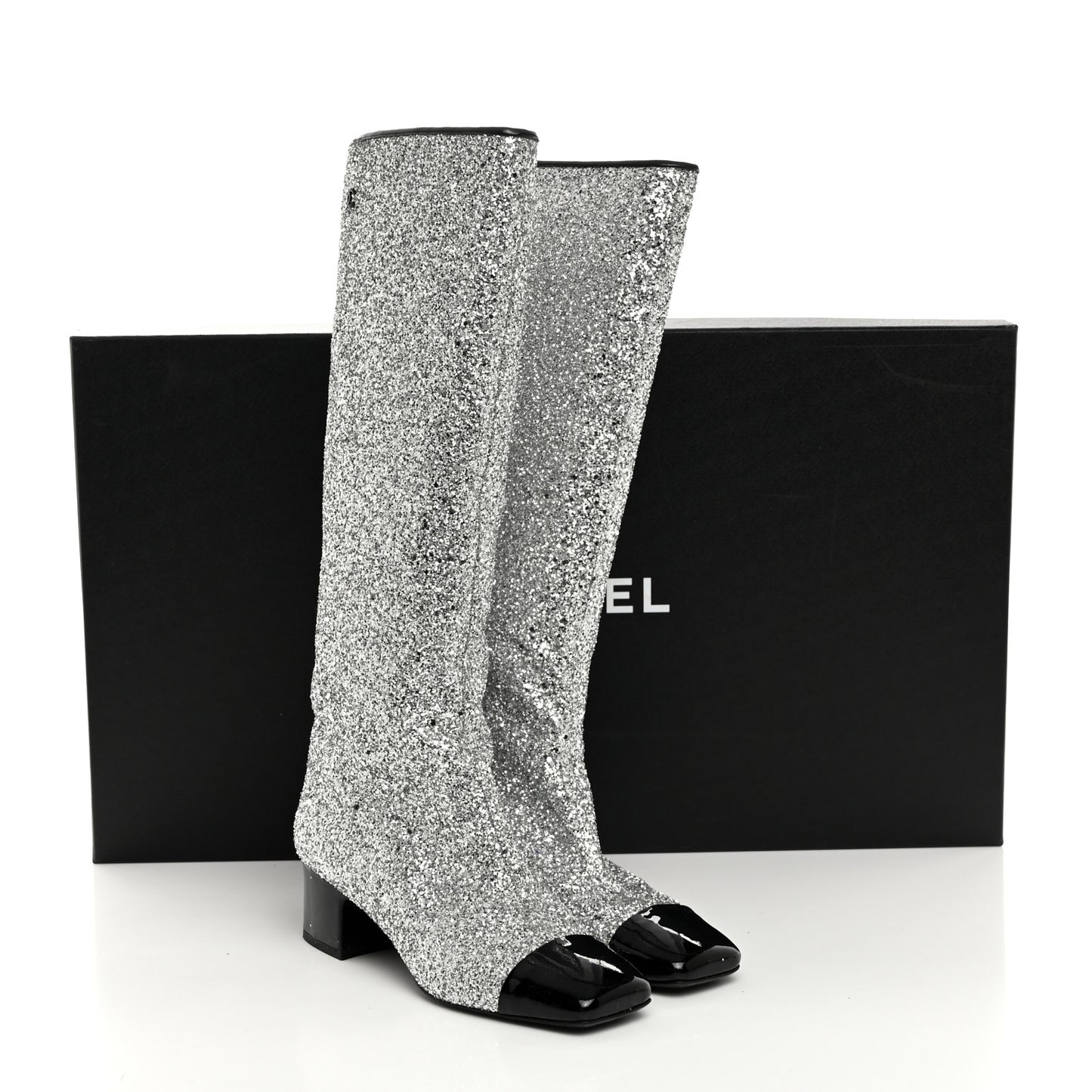 Glitter Patent Calfskin Cap Toe Fantasy High Boots 38 Silver Black