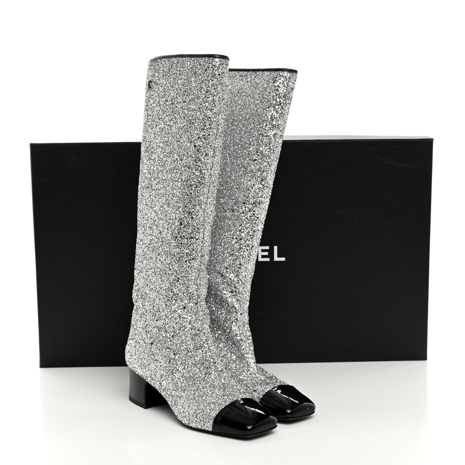 Chanel Glitter Patent Calfskin Cap Toe Fantasy High Boots 38 Silver Black 9 of 9