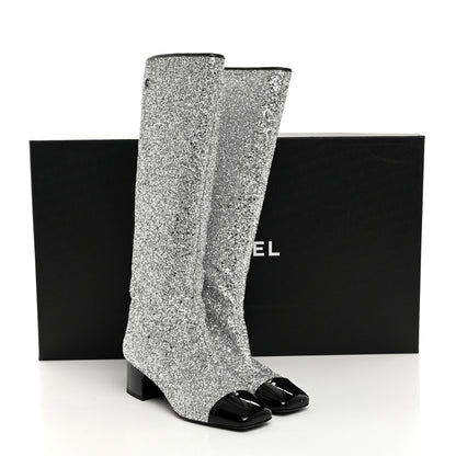 Chanel Glitter Patent Calfskin Cap Toe Fantasy High Boots 38 Silver Black 9 of 9