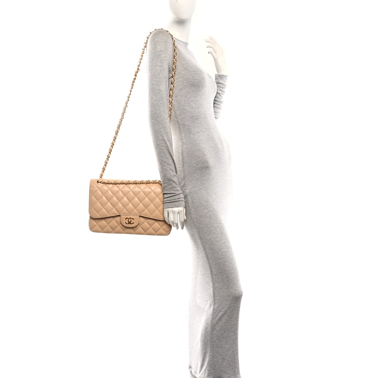 Caviar Quilted Jumbo Double Flap Beige