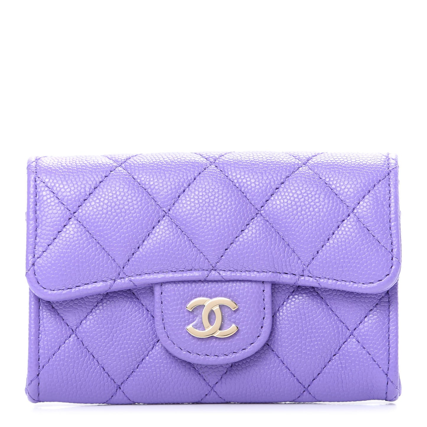 Caviar Quilted Flap Card Holder Wallet Purple