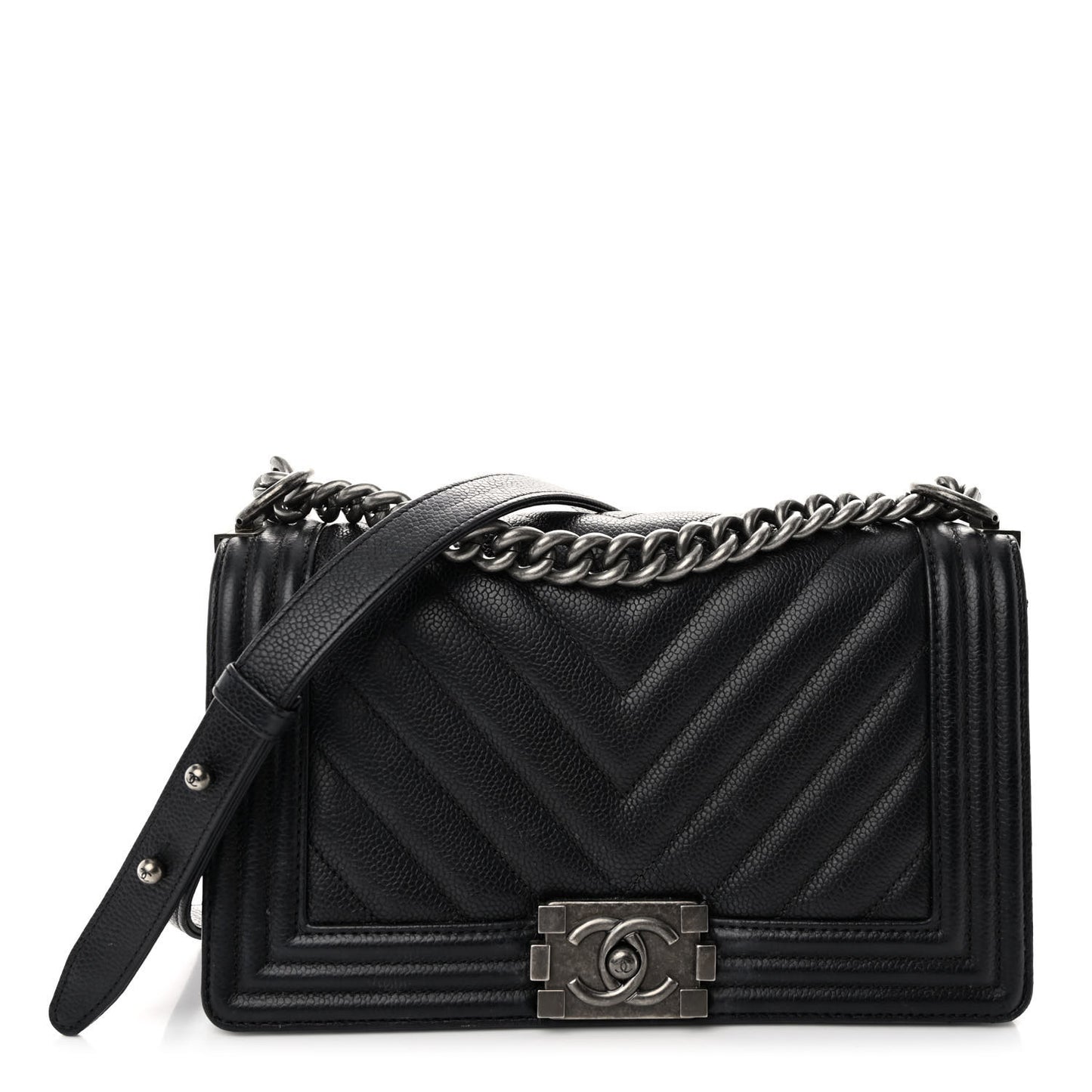 Caviar Chevron Quilted Medium Boy Flap Black