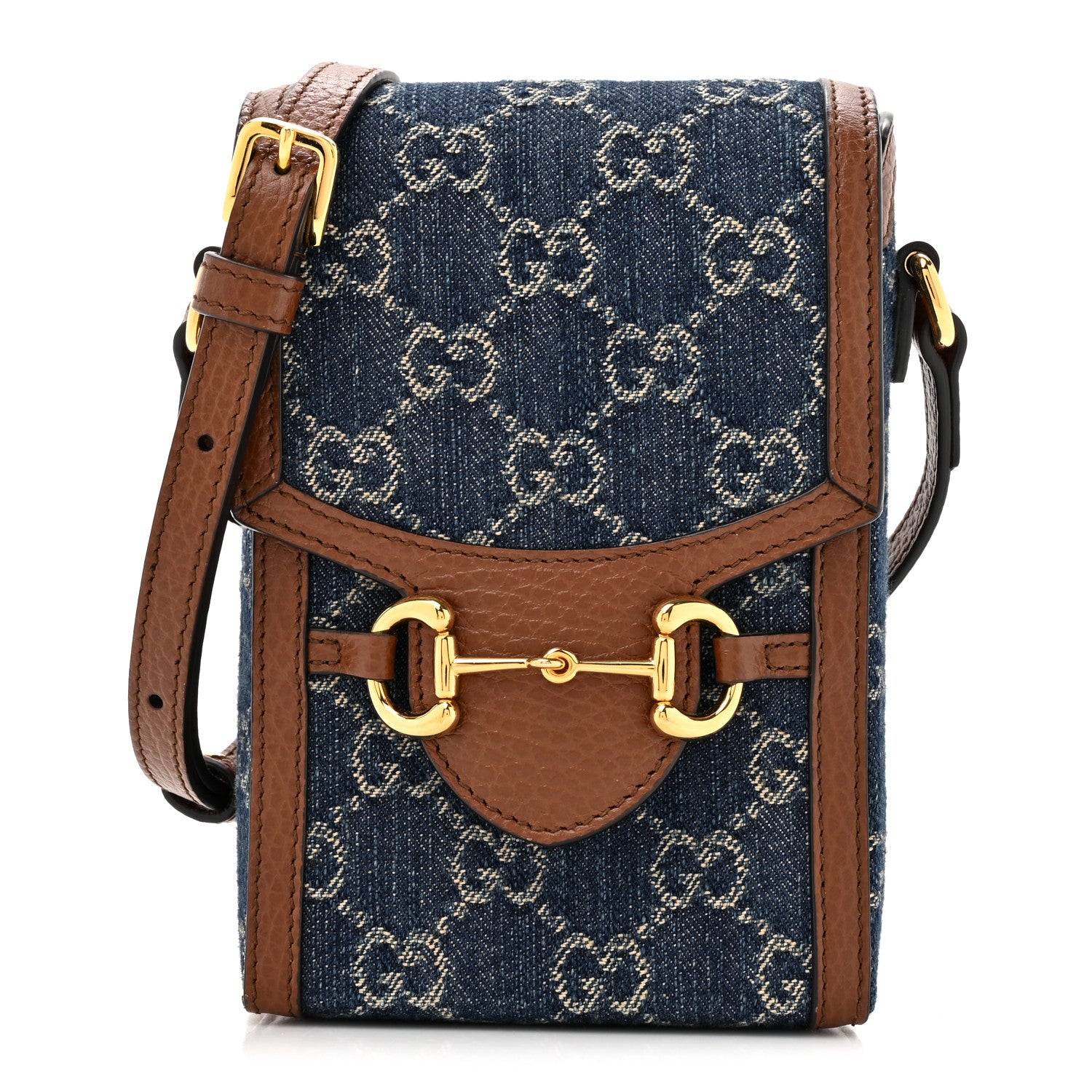 Gucci New Denim GG Monogram Dollar Calfskin Mini Horsebit 1955 Crossbody Bag Blue Tea Cuir Epilog 1 of 11
