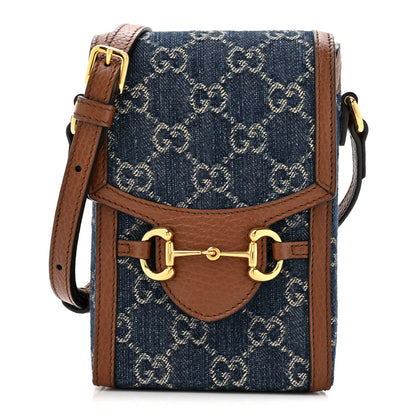 Gucci New Denim GG Monogram Dollar Calfskin Mini Horsebit 1955 Crossbody Bag Blue Tea Cuir Epilog 1 of 11