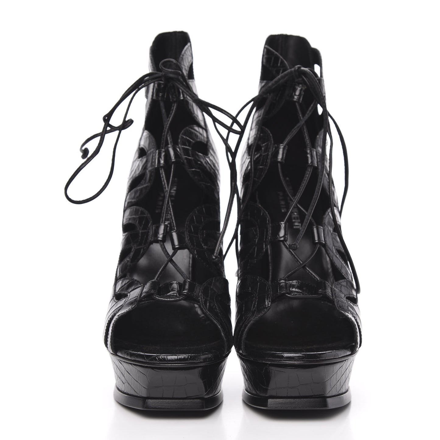 Calfskin Crocodile Embossed Tribute 16 Lace Up Platform Sandals 39 Black