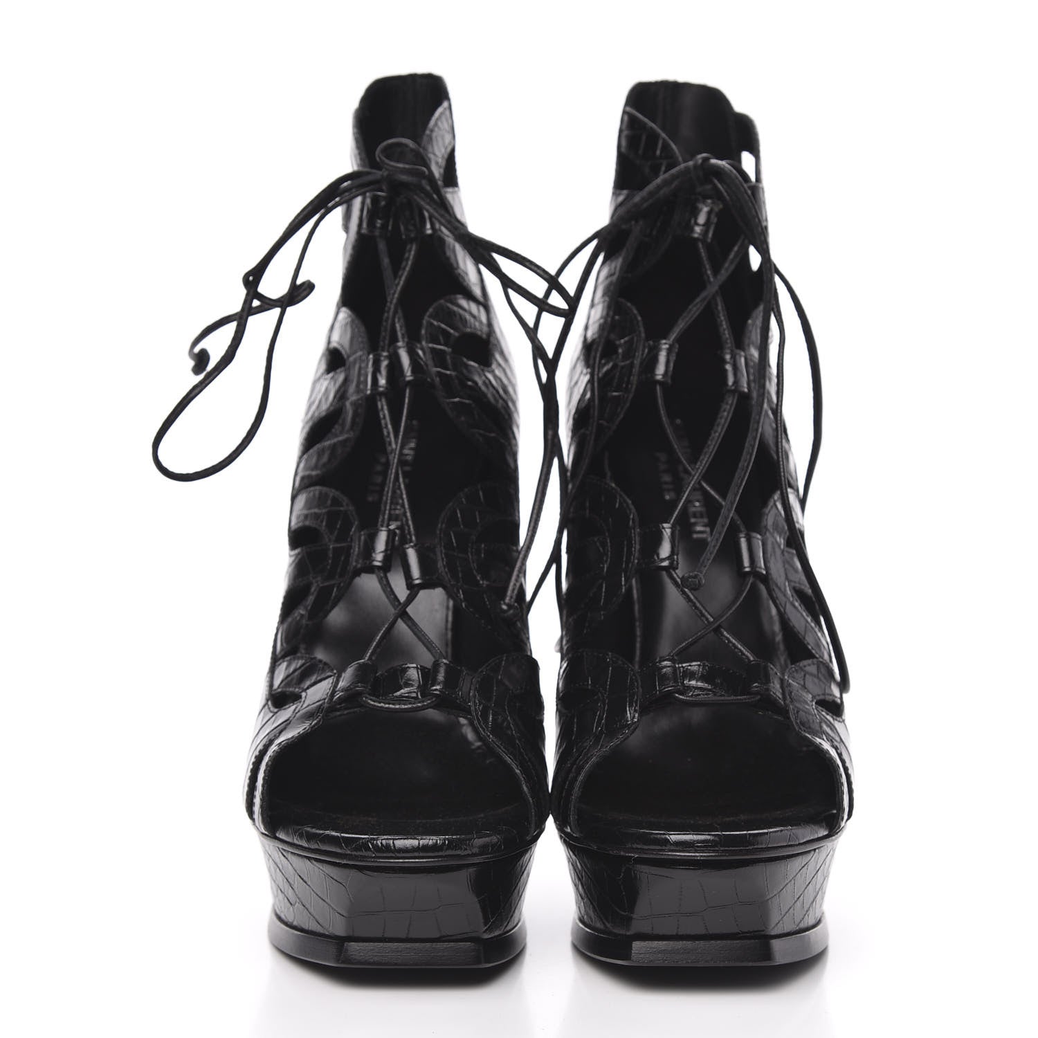 Saint Laurent Calfskin Crocodile Embossed Tribute 16 Lace Up Platform Sandals 39 Black 2 of 8