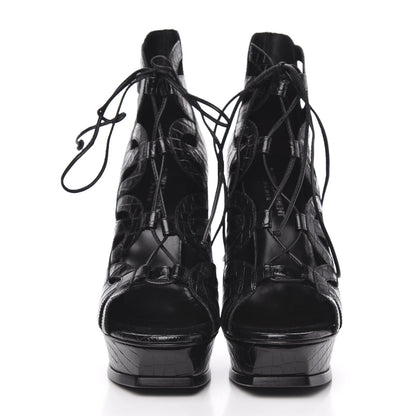 Saint Laurent Calfskin Crocodile Embossed Tribute 16 Lace Up Platform Sandals 39 Black 2 of 8